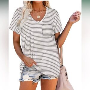 Black & White Striped Pocket T-Shirt Short Sleeve Top Tees Trendy Casual 2X